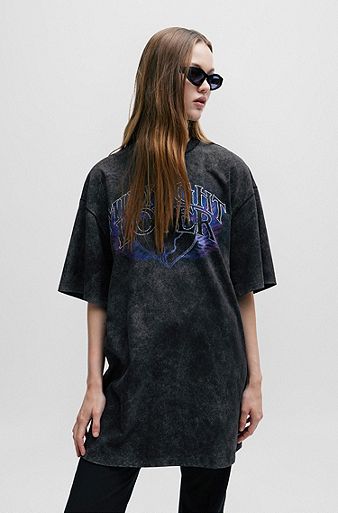 Cotton-jersey T-shirt dress with seasonal print, Black