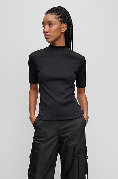 Slim-fit top in ribbed stretch jersey, Black