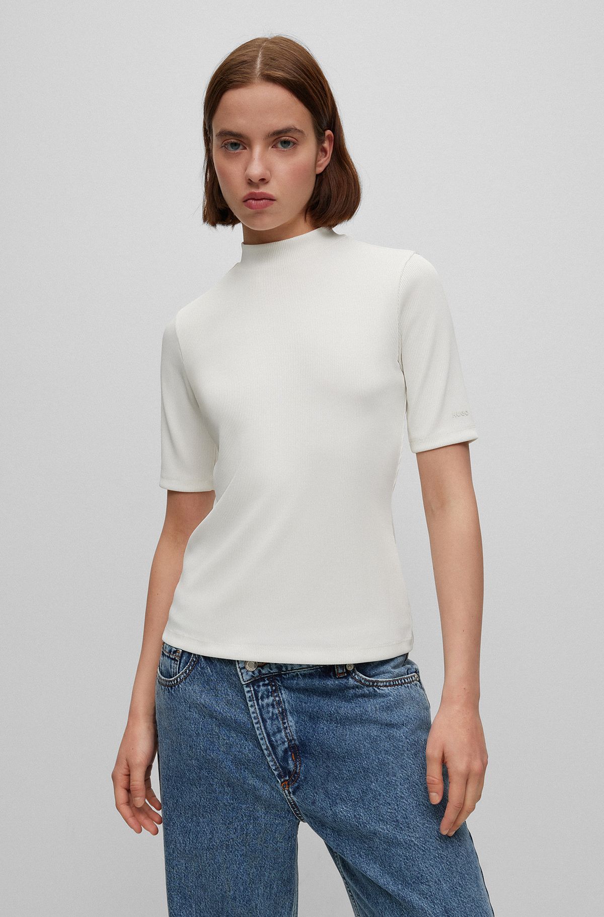 Slim-fit top in ribbed stretch jersey, White