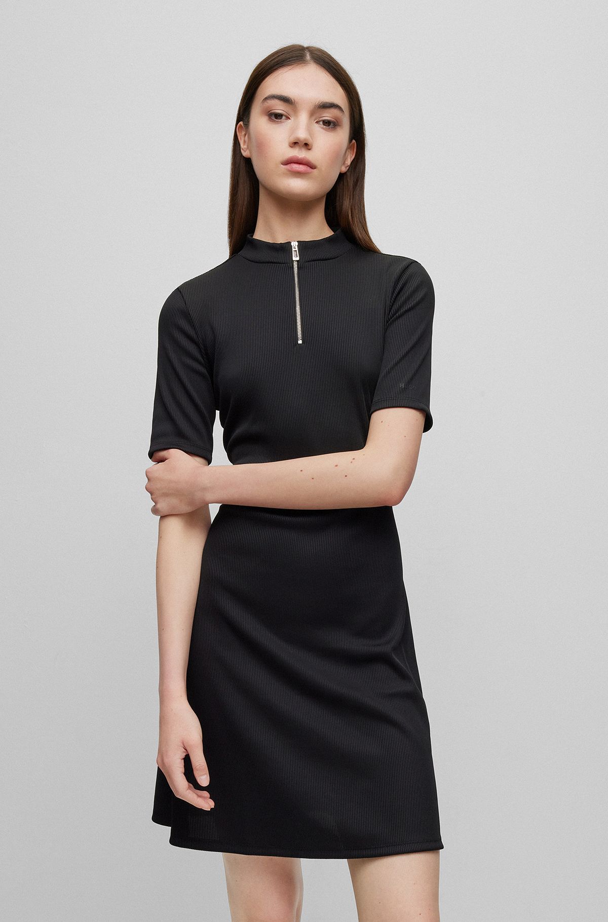 Stretch-jersey dress with zipped neckline, Black