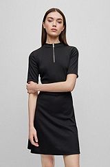 Stretch-jersey dress with zipped neckline, Black