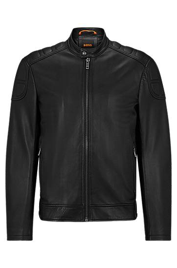 Slim-fit biker jacket in leather with padding, Hugo boss