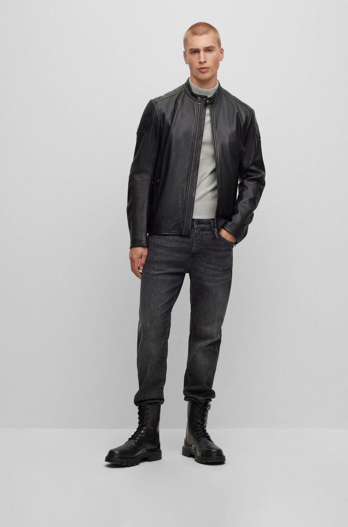 BOSS - Slim-fit biker jacket in leather with padding