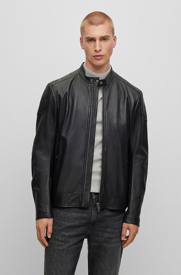 Slim-fit biker jacket in leather with padding, Black
