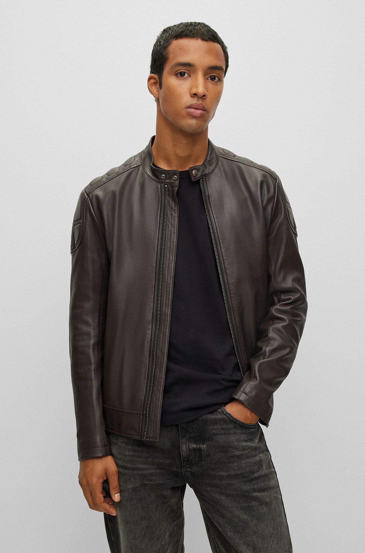 Slim-fit biker jacket in leather with padding, Dark Brown