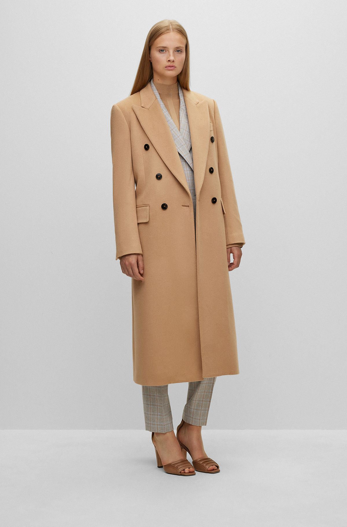 Double-breasted relaxed-fit coat in pure cashmere, Beige