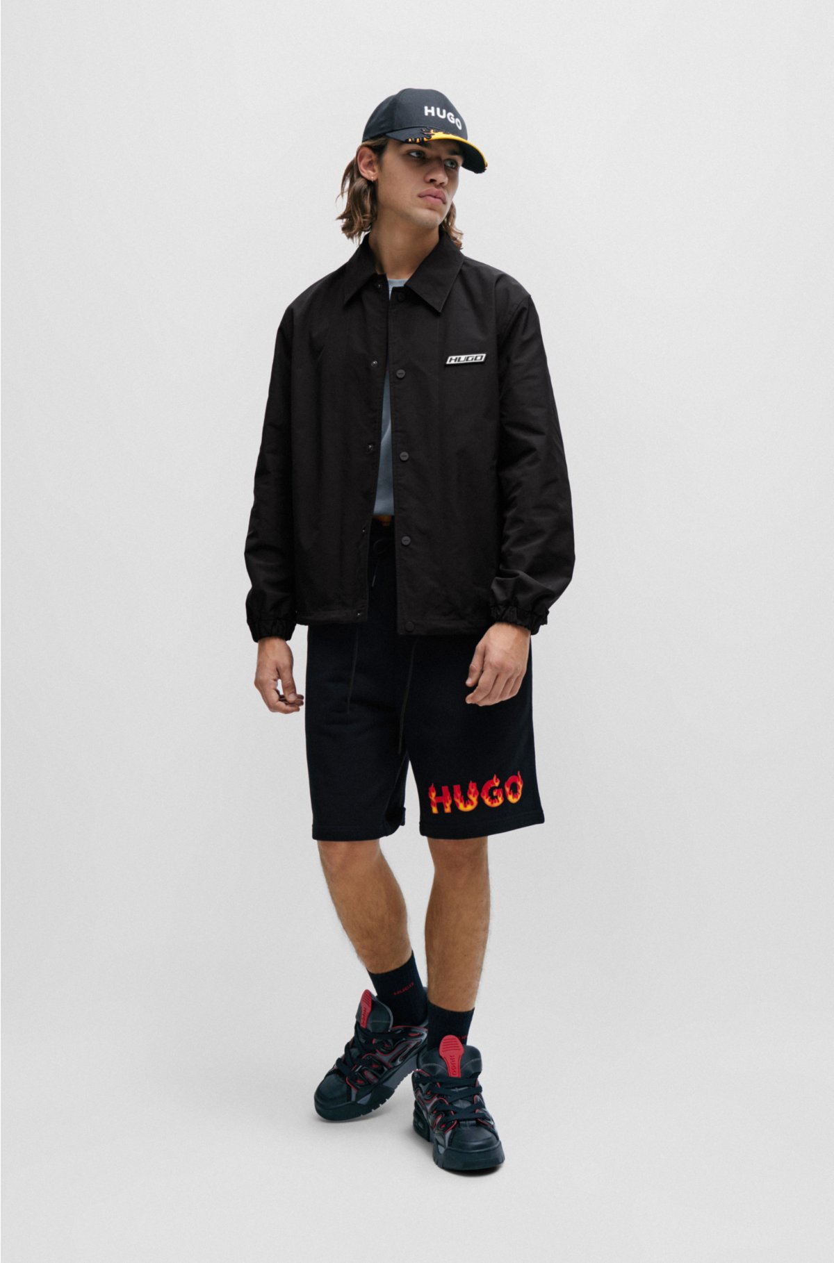 Water-repellent coach jacket with logo badge, Black
