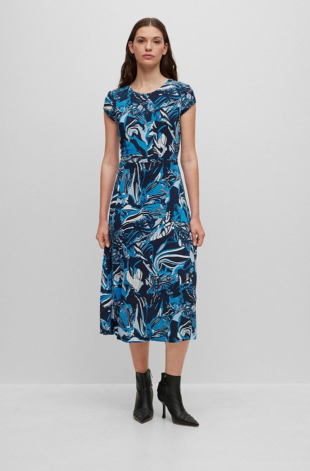 Cap-sleeve dress in printed stretch crepe, Patterned