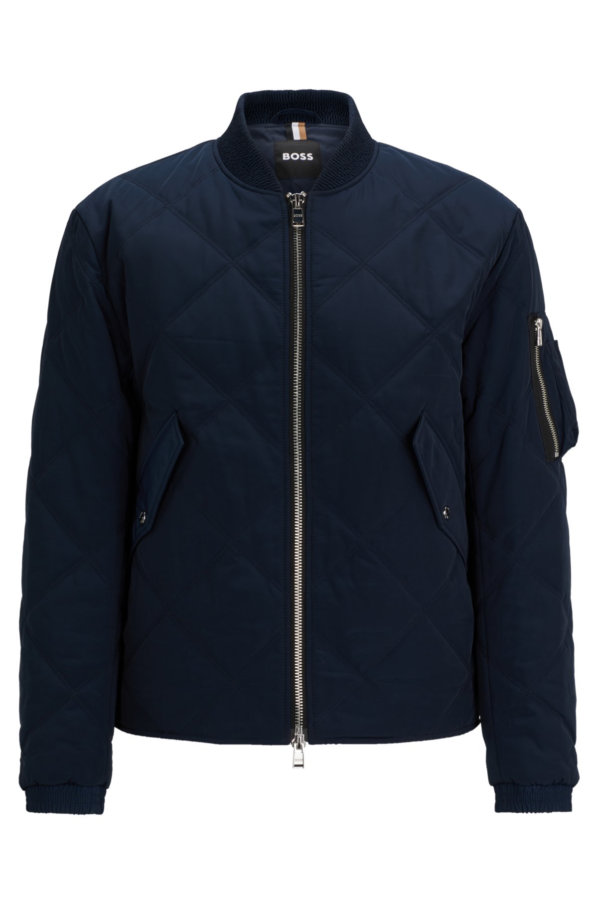 Quilted regular-fit jacket with branded sleeve pocket, Dark Blue