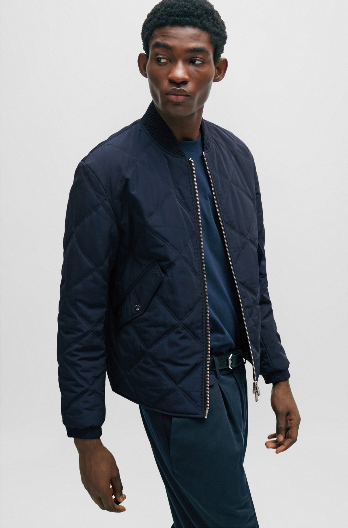 Quilted regular-fit jacket with branded sleeve pocket, Dark Blue