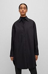 Longline blouse in cotton poplin with point collar, Black