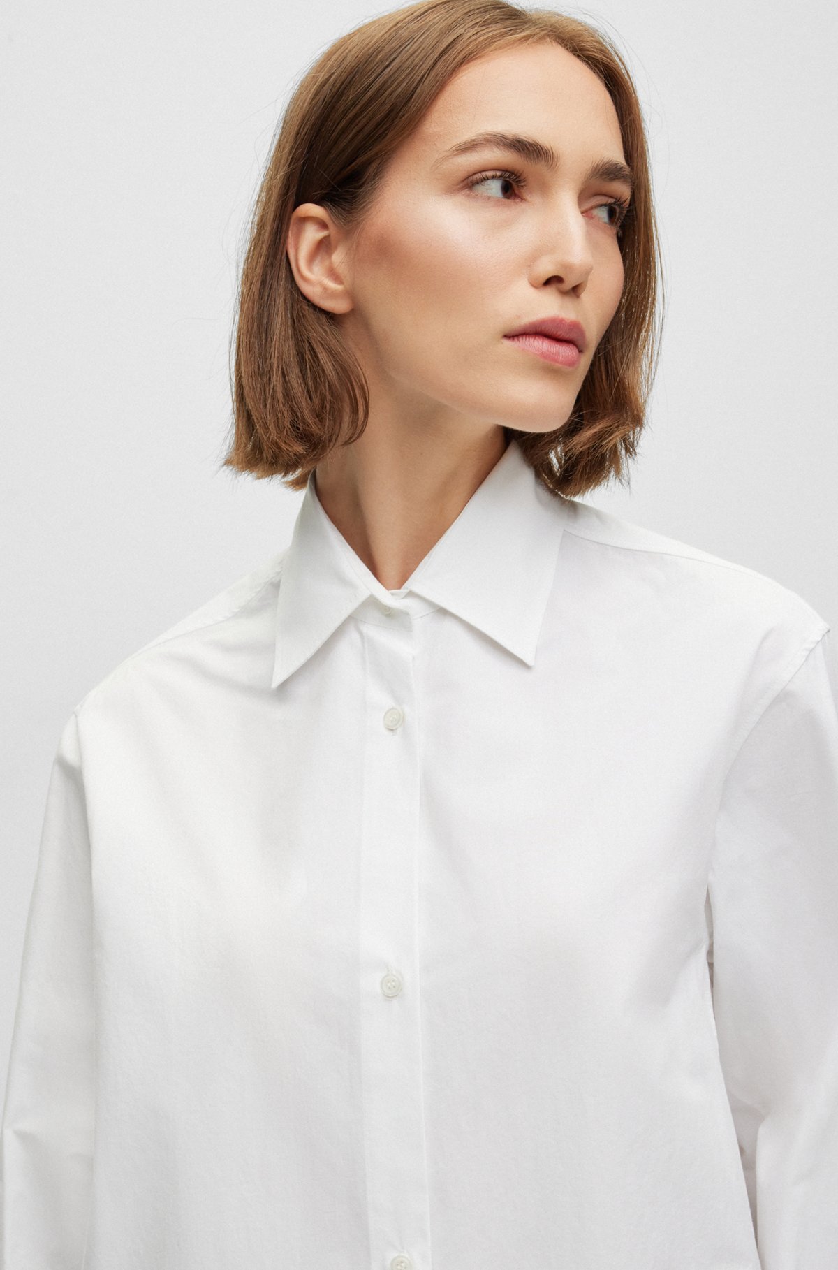 Longline-Bluse aus Baumwoll-Popeline mit Spitzkragen, Weiß
