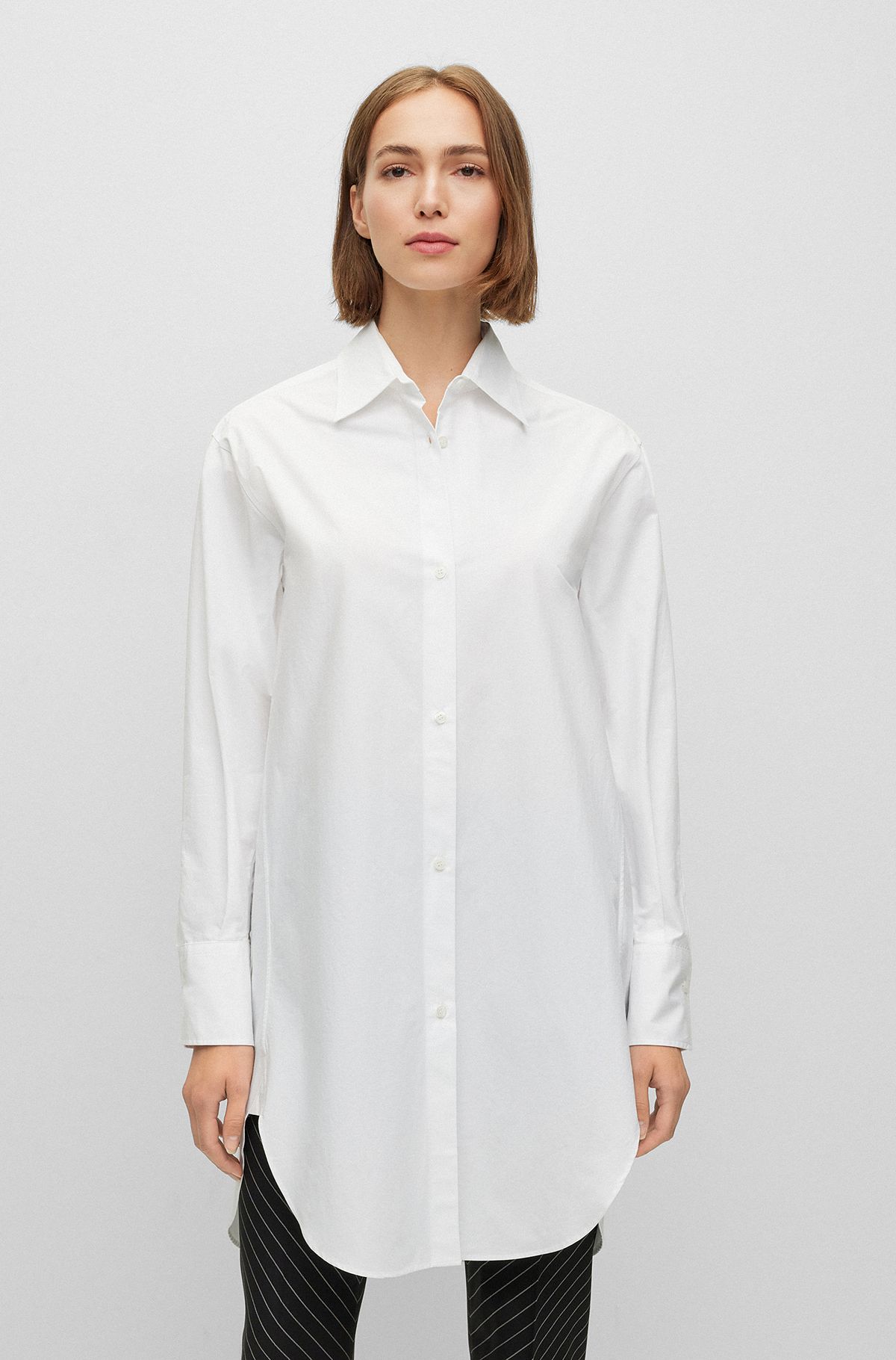 Longline blouse in cotton poplin with point collar, White