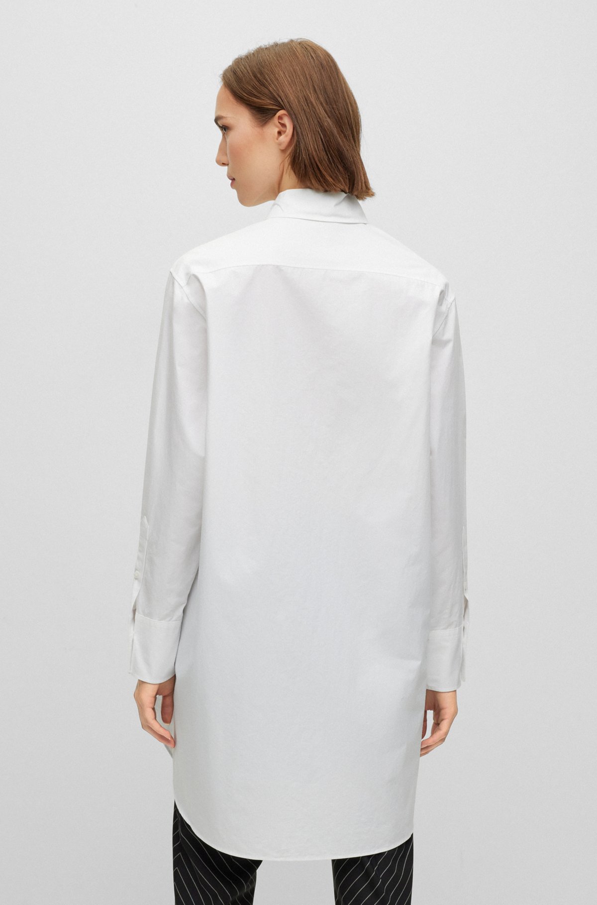 Longline-Bluse aus Baumwoll-Popeline mit Spitzkragen, Weiß