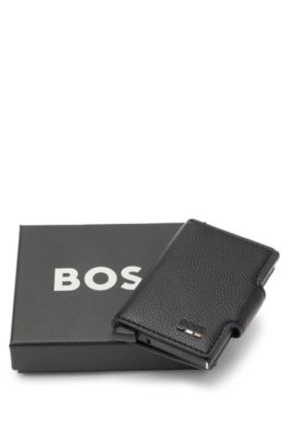 Grained faux-leather card holder with aluminium case, Black