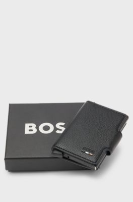 Grained faux-leather card holder with aluminium case, Black
