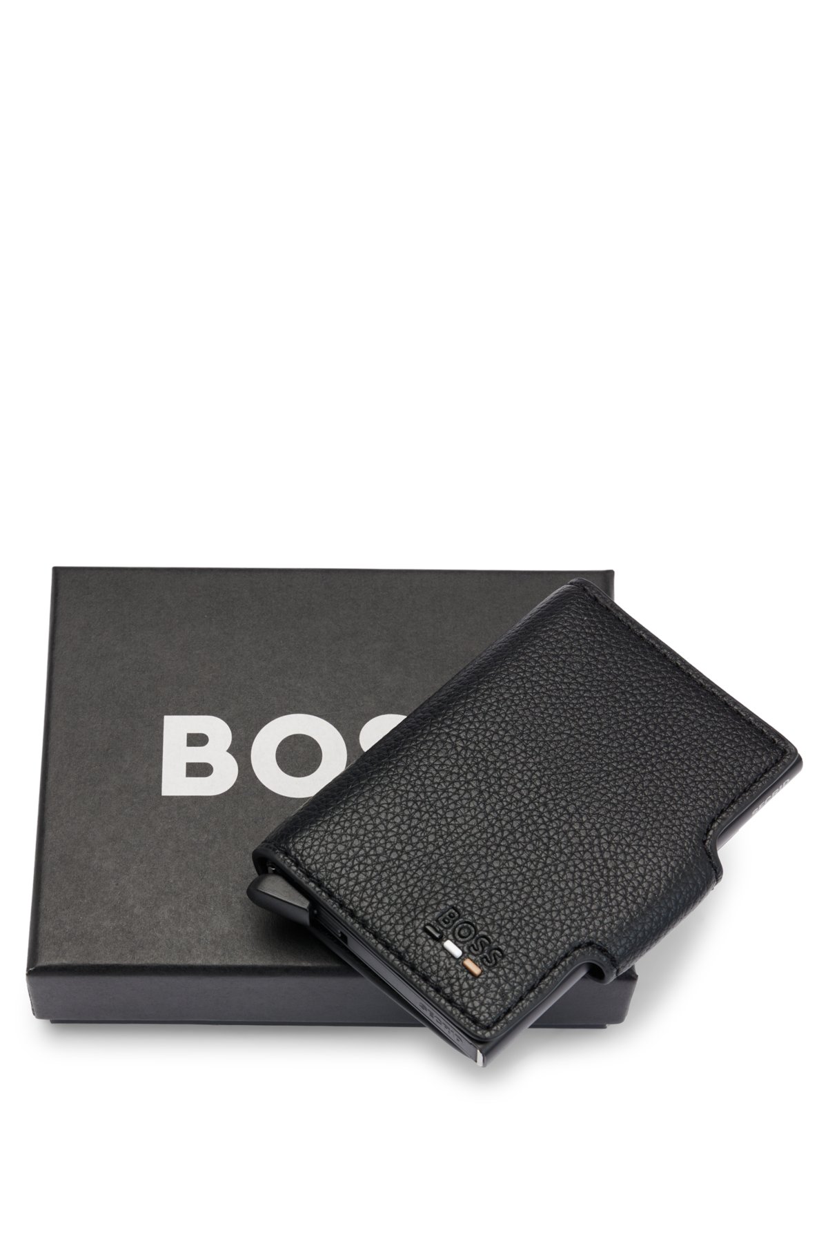 Grained faux-leather card holder with aluminium case, Black