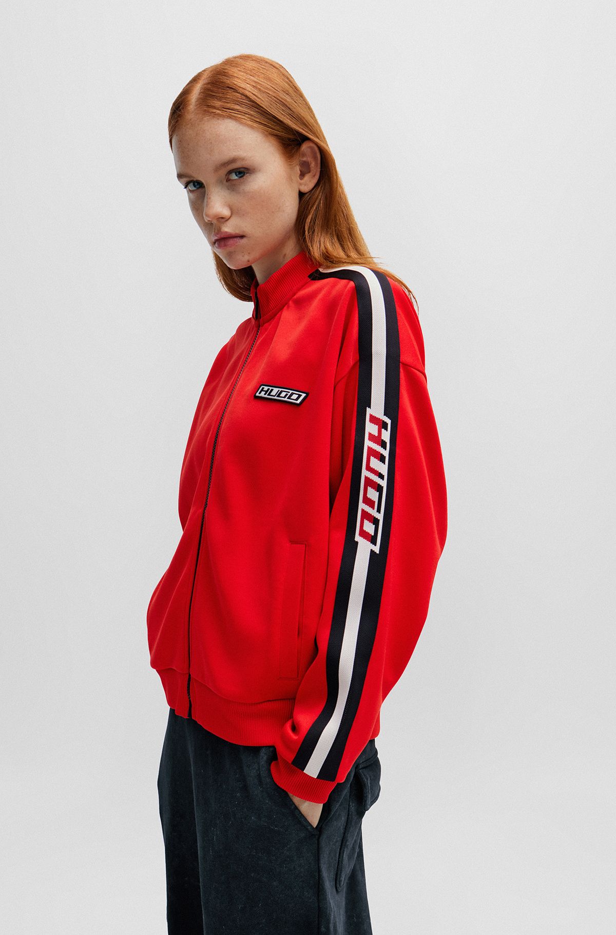 Racing-inspired jacket with striped logo tape, Red
