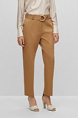 Pantalones regular fit de algodón elástico con cinturón de anilla semicircular, Beige