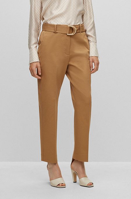 Regular-fit trousers in stretch cotton with D-ring belt, Beige