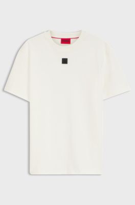 Interlock-cotton T-shirt with metallic stacked-logo badge, Natural
