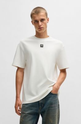 Interlock-cotton T-shirt with metallic stacked-logo badge, White