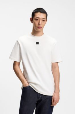 Interlock-cotton T-shirt with metallic stacked-logo badge, Natural