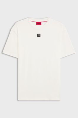 Interlock-cotton T-shirt with metallic stacked-logo badge, White