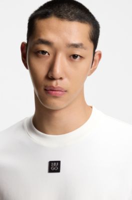 Interlock-cotton T-shirt with metallic stacked-logo badge, White