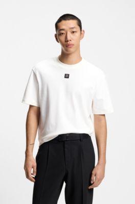 Interlock-cotton T-shirt with metallic stacked-logo badge, White