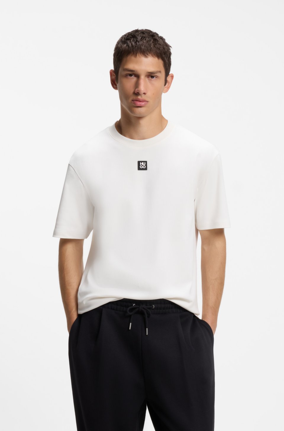 Interlock-cotton T-shirt with metallic stacked-logo badge