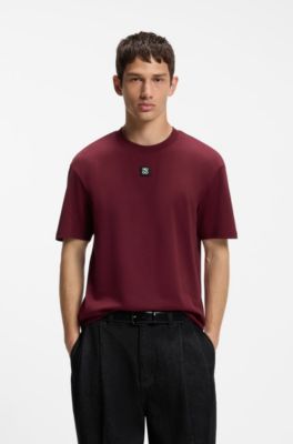 Interlock-cotton T-shirt with metallic stacked-logo badge, Dark Red
