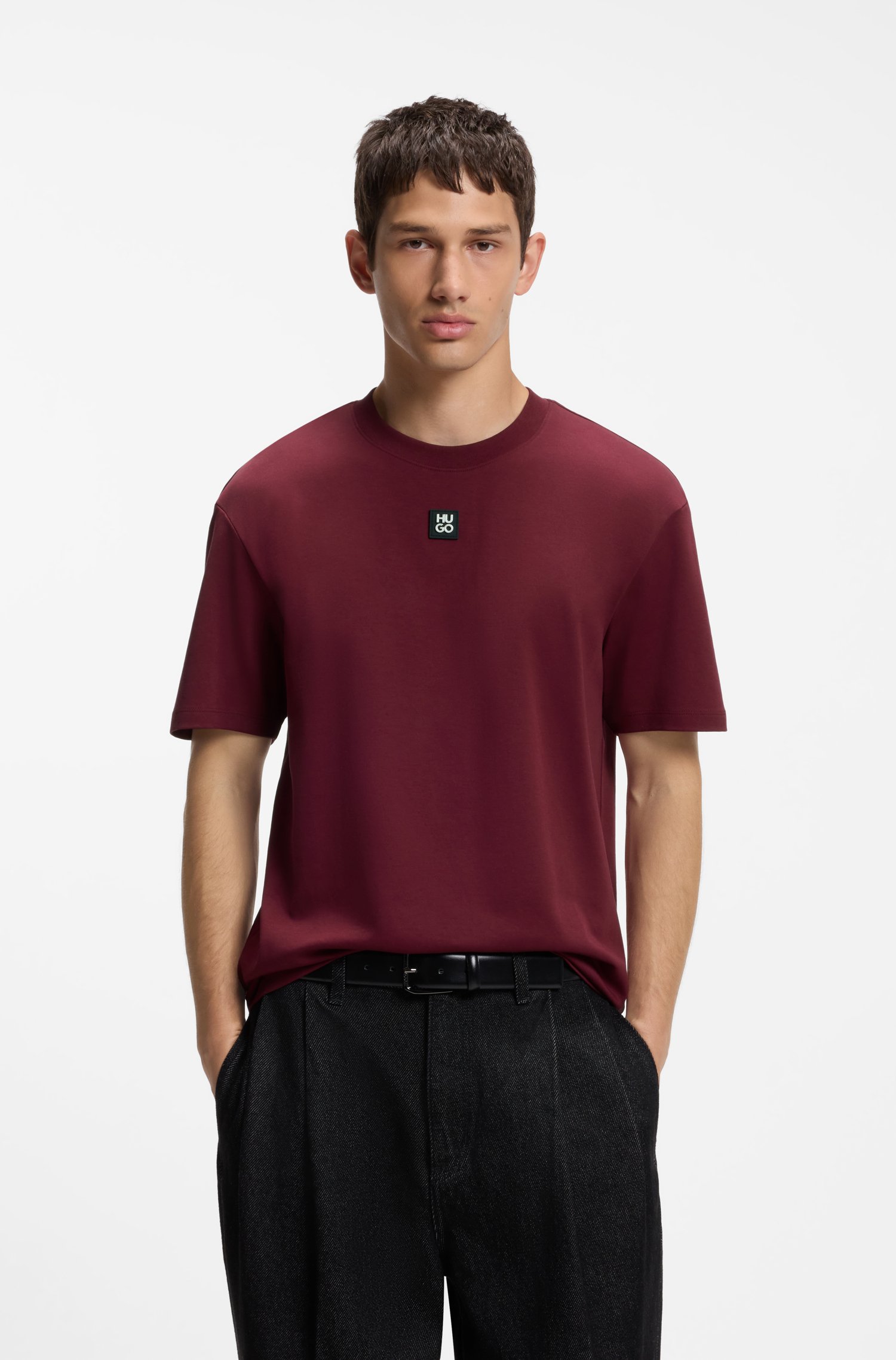 Hugo Interlock-cotton T-shirt with metallic stacked-logo badge herr