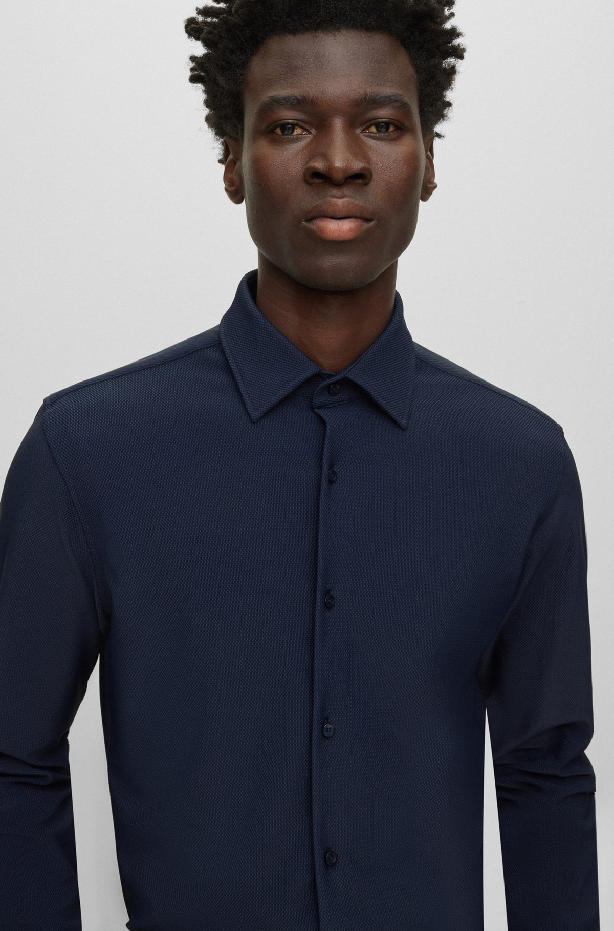 Regular-fit shirt in structured performance-stretch fabric, Dark Blue