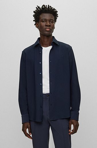 Regular-fit shirt in structured performance-stretch fabric, Dark Blue