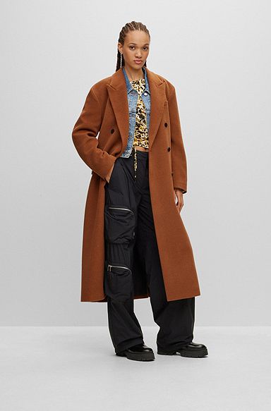 Double-breasted coat in a relaxed fit, Brown