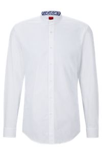 Collarless slim-fit shirt in easy-iron cotton poplin, White