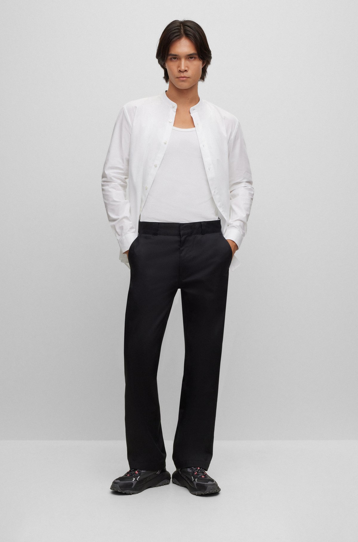 Collarless slim-fit shirt in easy-iron cotton poplin, White
