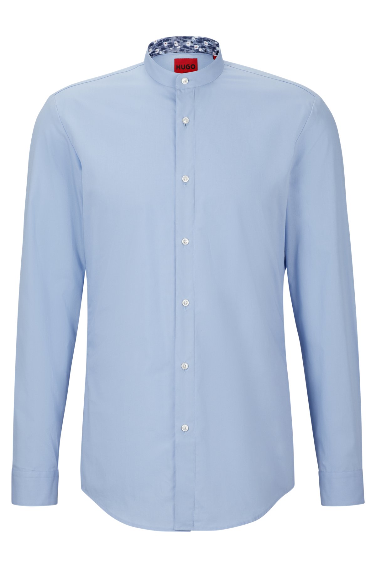 Collarless slim-fit shirt in easy-iron cotton poplin, Light Blue