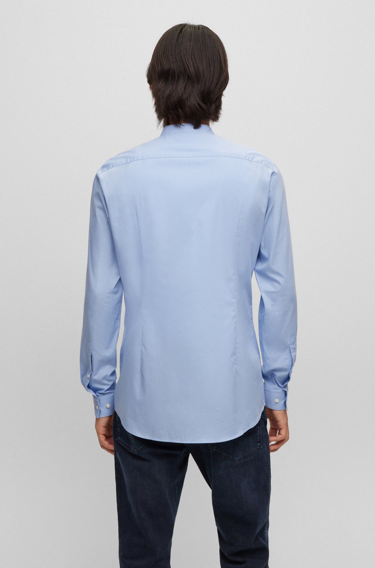 Collarless slim-fit shirt in easy-iron cotton poplin, Light Blue