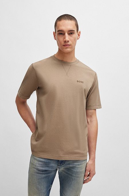 Garment-dyed T-shirt in cotton with logo detail, Light Brown