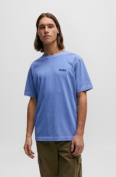 Garment-dyed T-shirt in cotton with logo detail, Blue