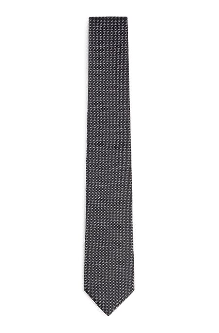 Micro-patterned silk-jacquard tie and pocket square set, Dark Grey