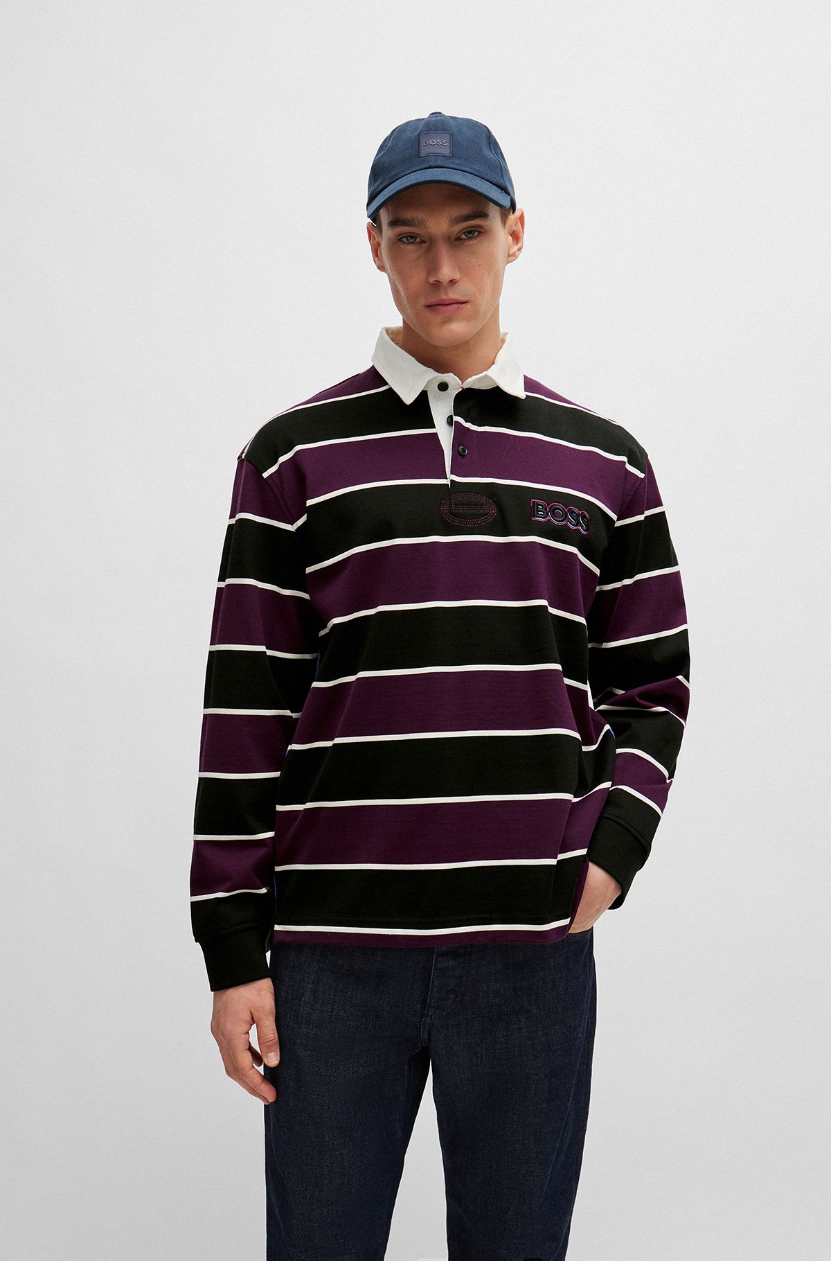 Block-striped polo shirt in cotton with logo embroidery, Dark Purple