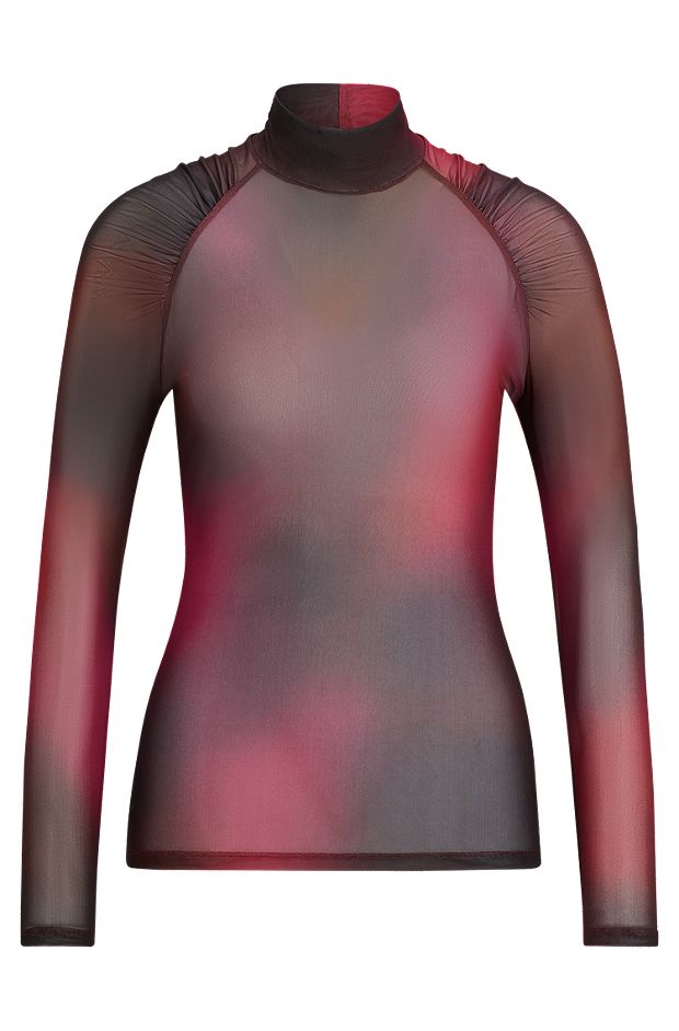Long-sleeved slim-fit top in stretch mesh, Patterned