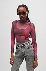 Long-sleeved slim-fit top in stretch mesh, Pink Patterned