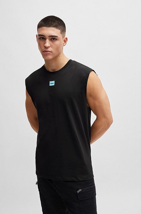 Sleeveless cotton-jersey T-shirt with logo label, Black