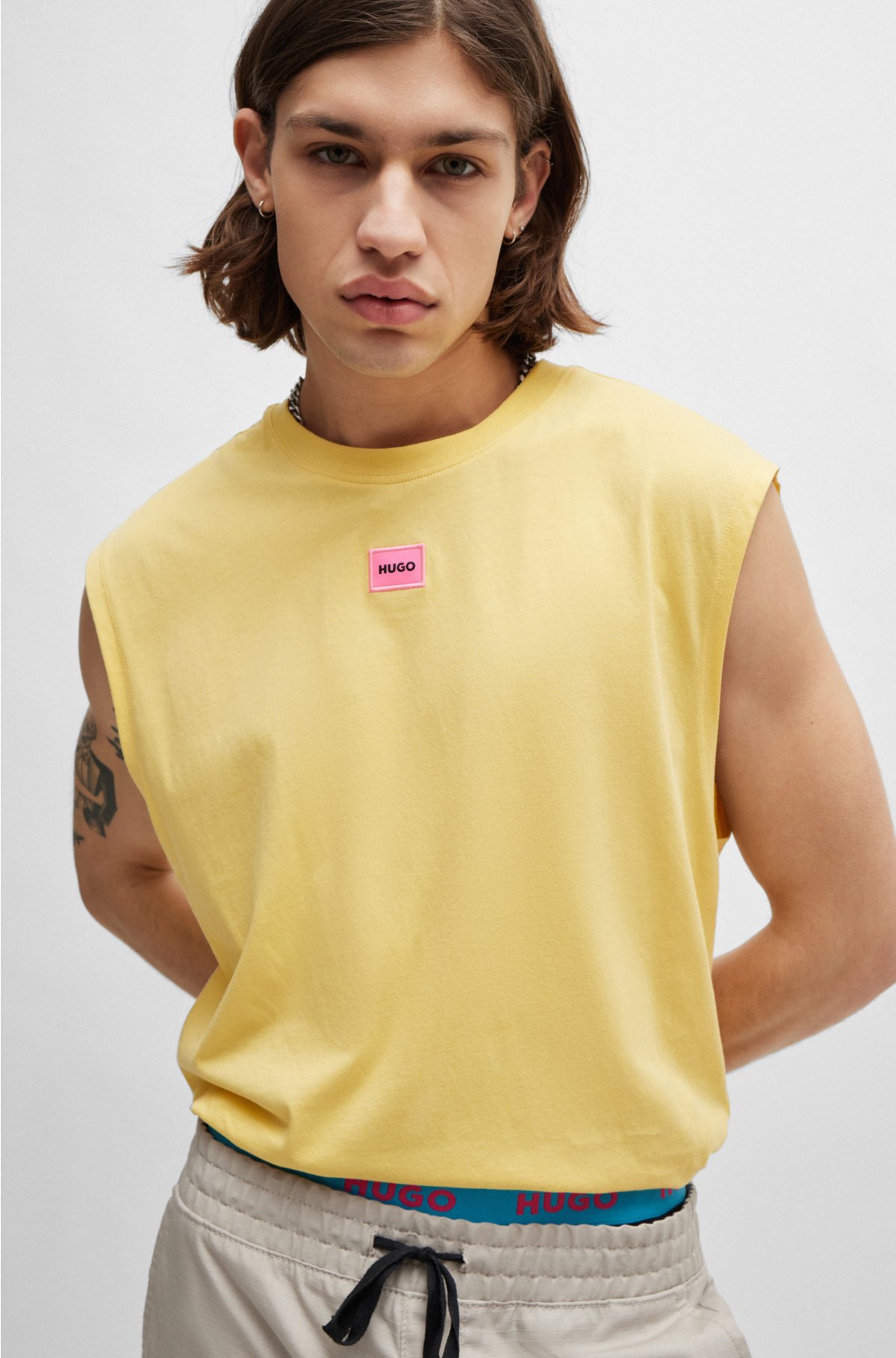Sleeveless cotton-jersey T-shirt with logo label, Yellow