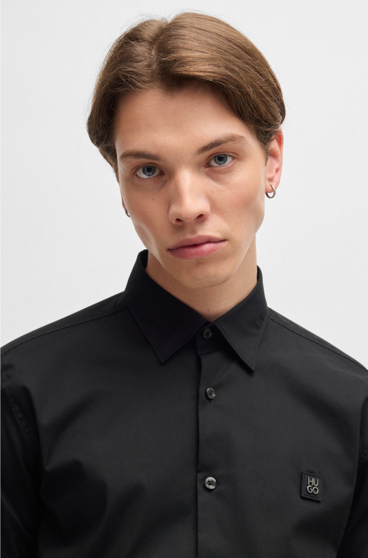Slim-fit shirt in stretch cotton with stacked logo, Black