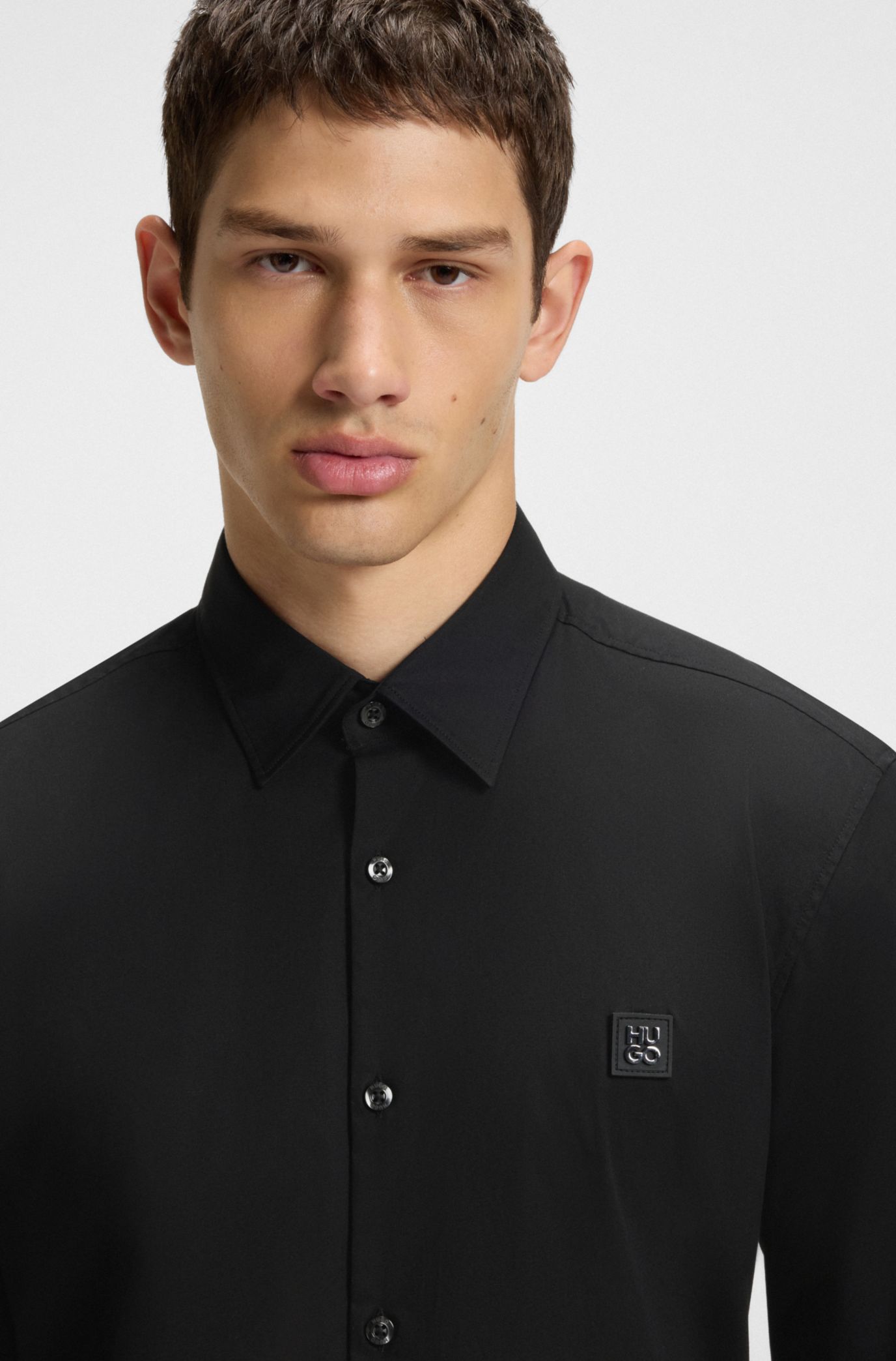 Slim-fit shirt in stretch-cotton canvas, Black